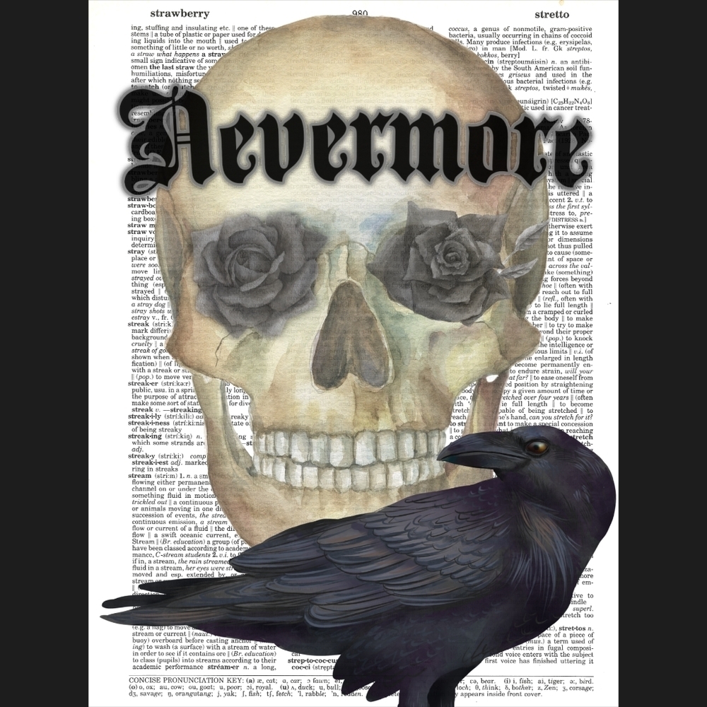 Nevermore Edgar Allan Poe Raven Skull Art Print